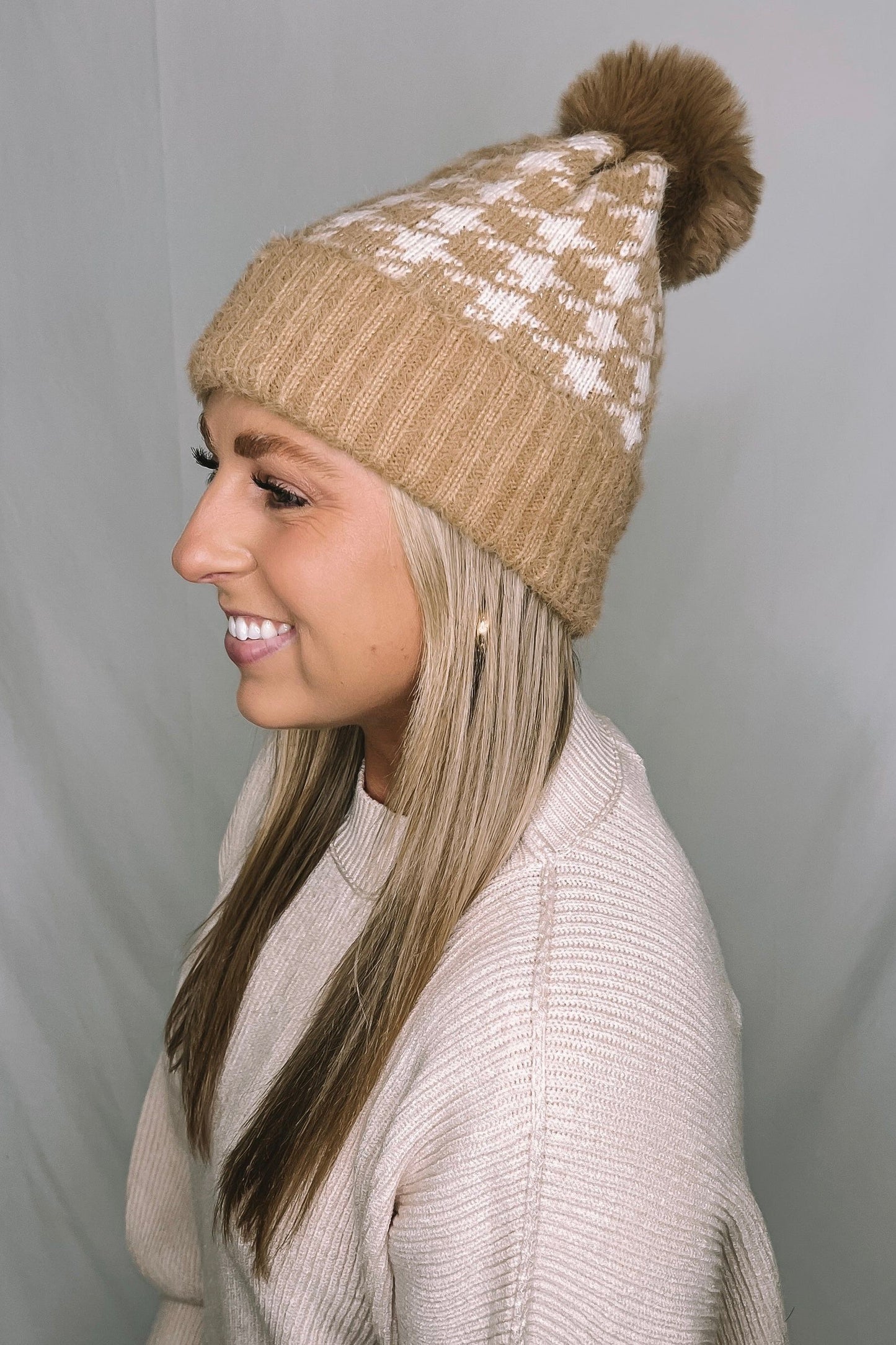 Houndstooth Pom Beanie